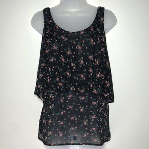 Shabby Chic Floral Print on Black Flounce Top by Forever 21 - Sz. S